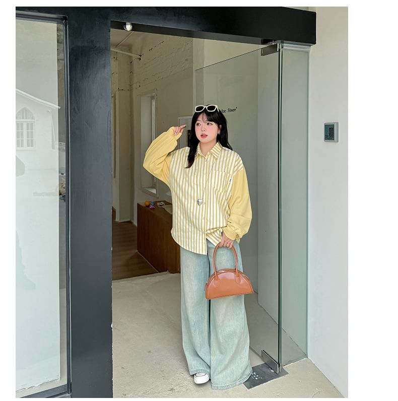 Plus Size Long Sleeve Collared Striped Panel Shirt