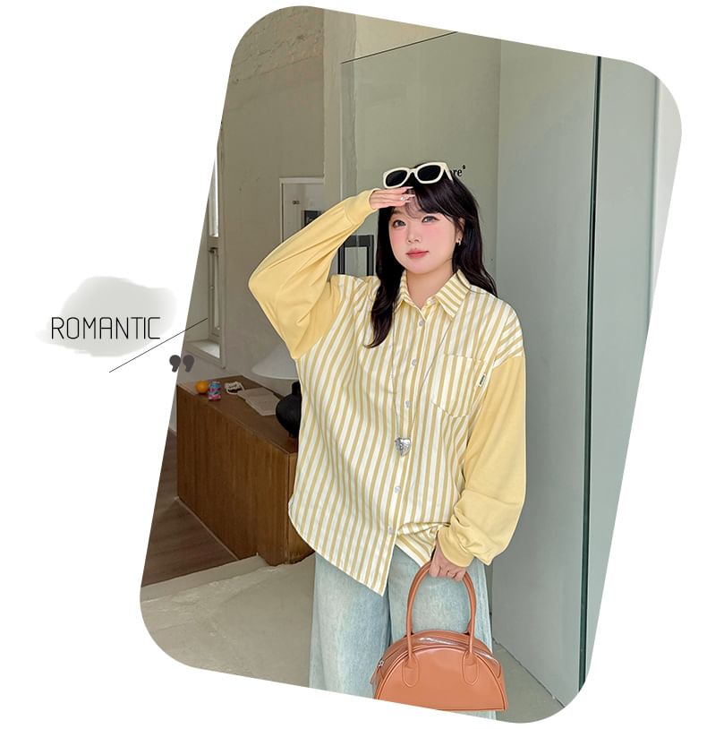 Plus Size Long Sleeve Collared Striped Panel Shirt