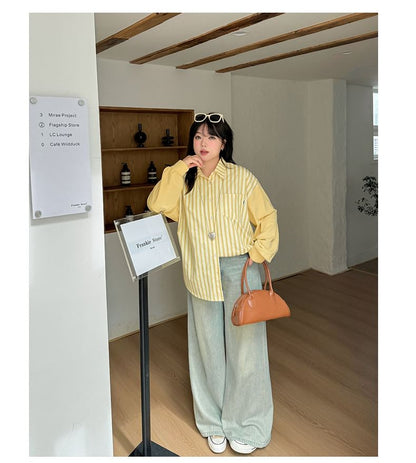 Plus Size Long Sleeve Collared Striped Panel Shirt