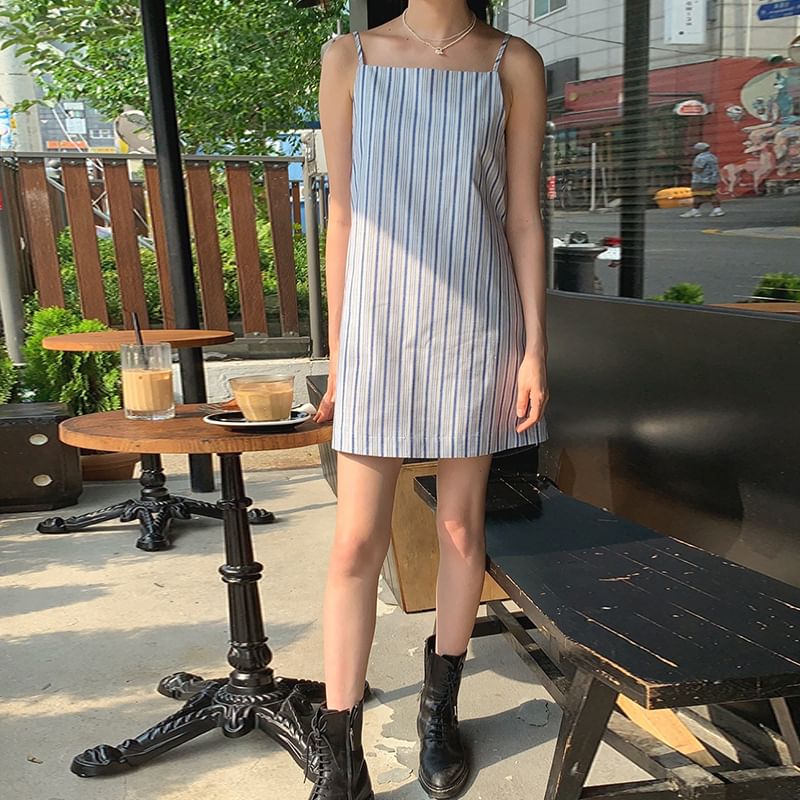 Striped Mini A-Line Dress with Spaghetti Straps