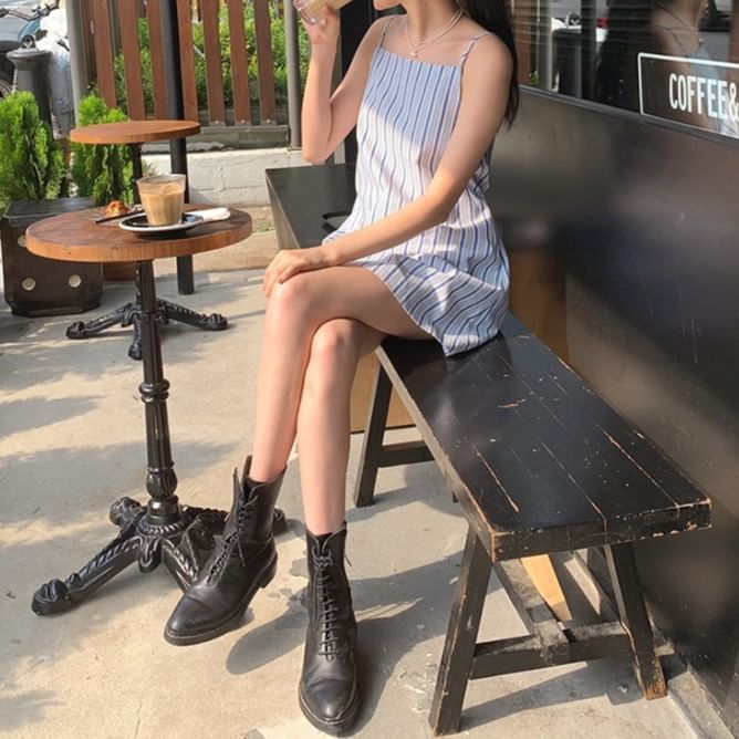 Striped Mini A-Line Dress with Spaghetti Straps