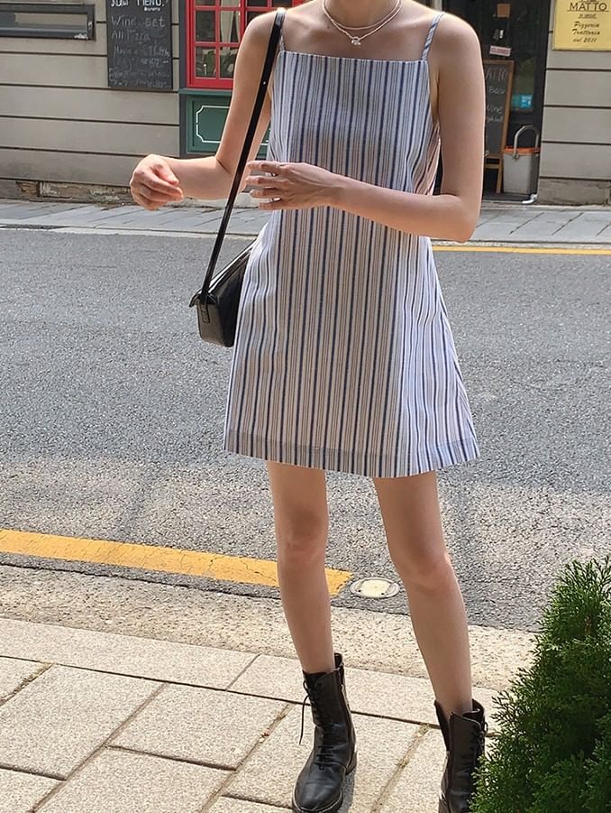 Striped Mini A-Line Dress with Spaghetti Straps