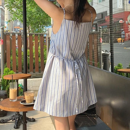 Striped Mini A-Line Dress with Spaghetti Straps
