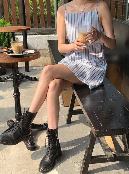 Striped Mini A-Line Dress with Spaghetti Straps