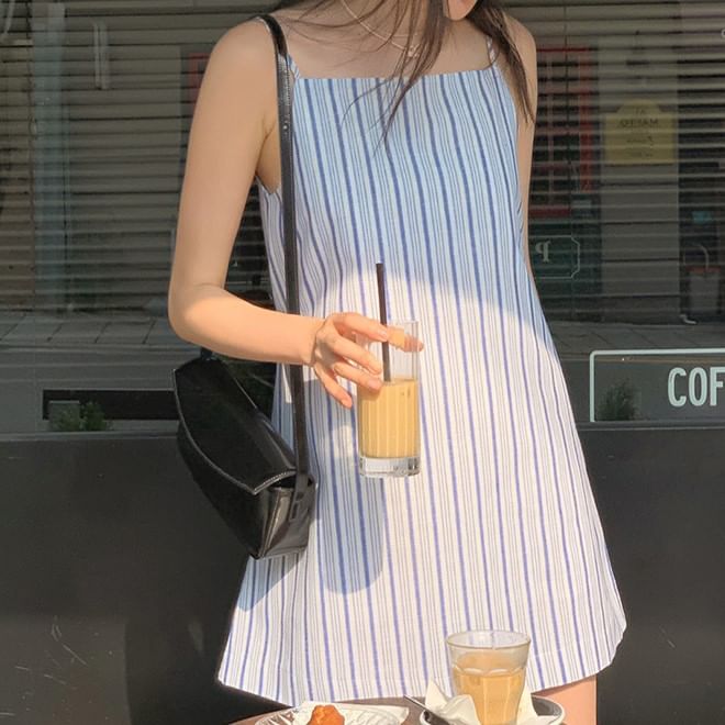 Striped Mini A-Line Dress with Spaghetti Straps