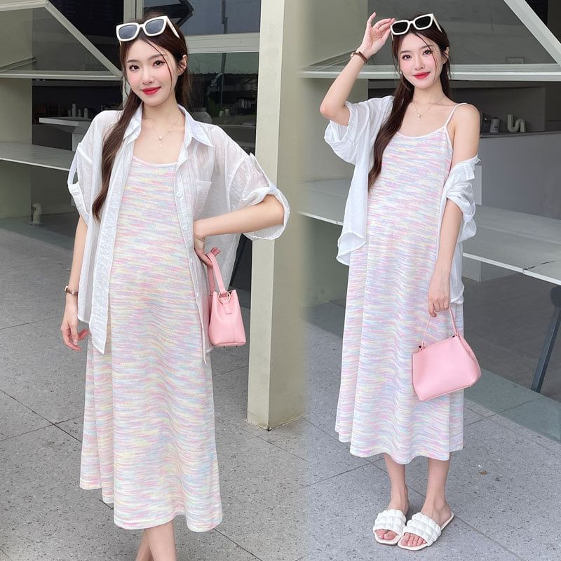 Maternity Scoop Neck Knit Midi A-Line Dress with Striped Shirt