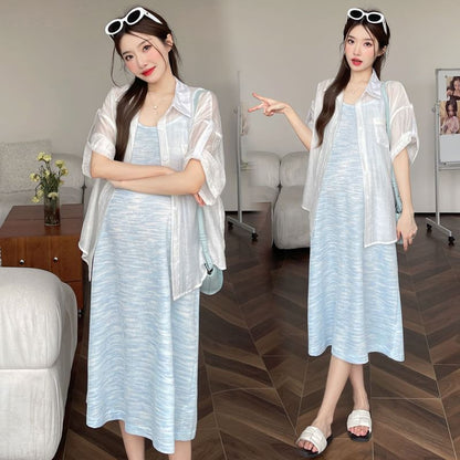 Maternity Scoop Neck Knit Midi A-Line Dress with Striped Shirt