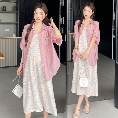 Maternity Scoop Neck Knit Midi A-Line Dress with Striped Shirt