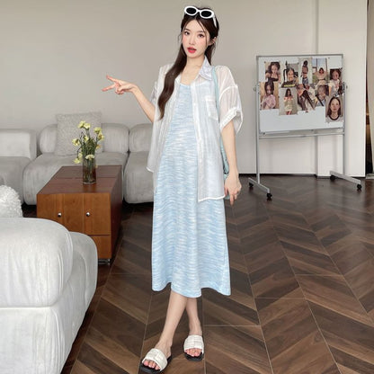 Maternity Scoop Neck Knit Midi A-Line Dress with Striped Shirt