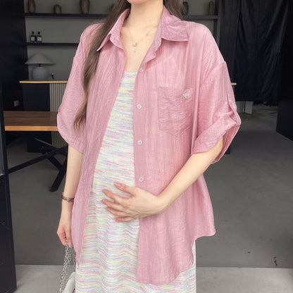 Maternity Scoop Neck Knit Midi A-Line Dress with Striped Shirt