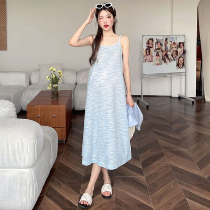 Maternity Scoop Neck Knit Midi A-Line Dress with Striped Shirt
