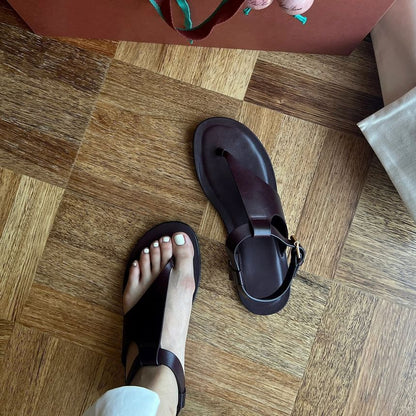 Plain Genuine Leather Slingback Thong Sandals
