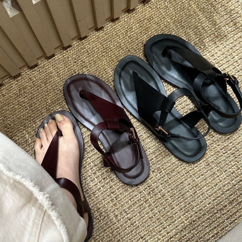 Plain Genuine Leather Slingback Thong Sandals