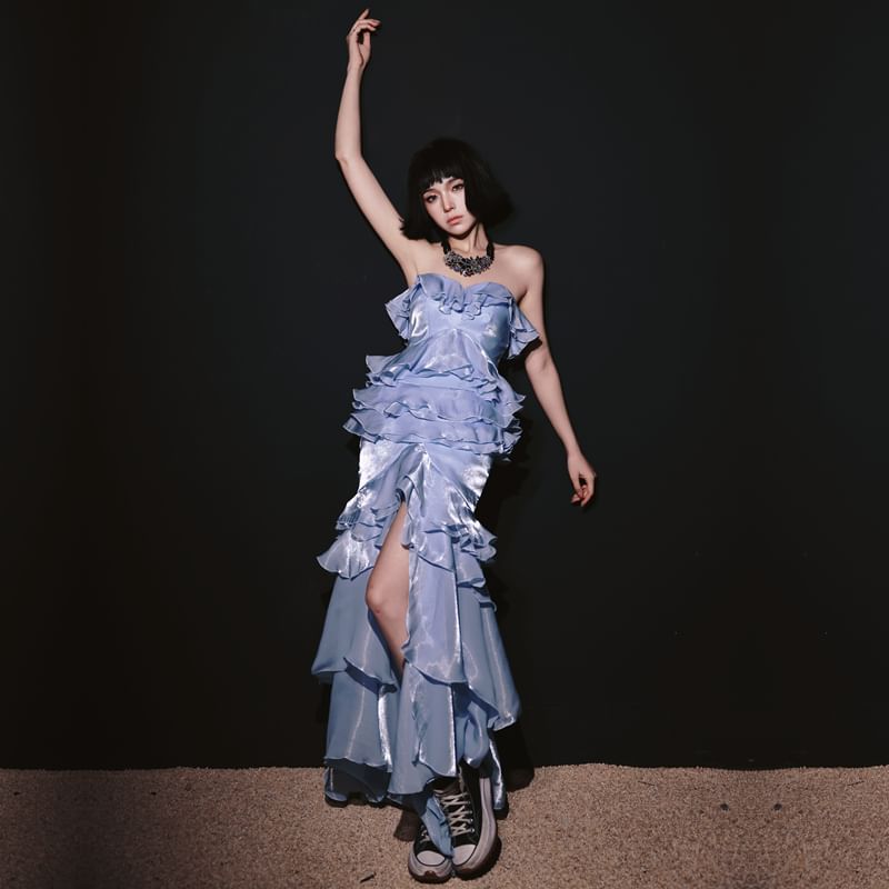 Plain Ruffle Slit Mermaid Tube Evening Gown