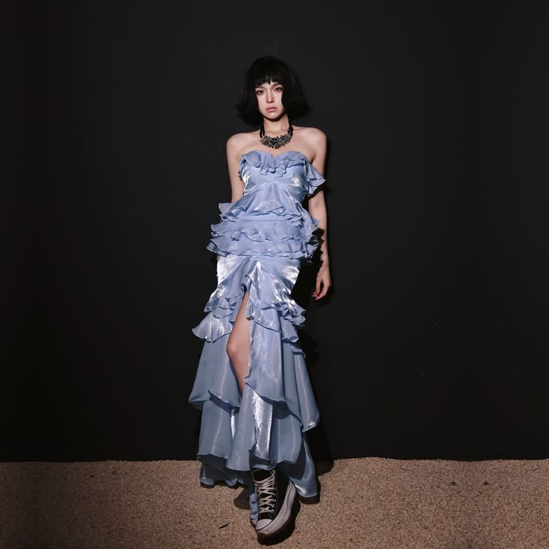 Plain Ruffle Slit Mermaid Tube Evening Gown