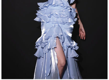 Plain Ruffle Slit Mermaid Tube Evening Gown