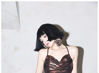 Spaghetti Strap Plain Metallic Sheath Evening Gown