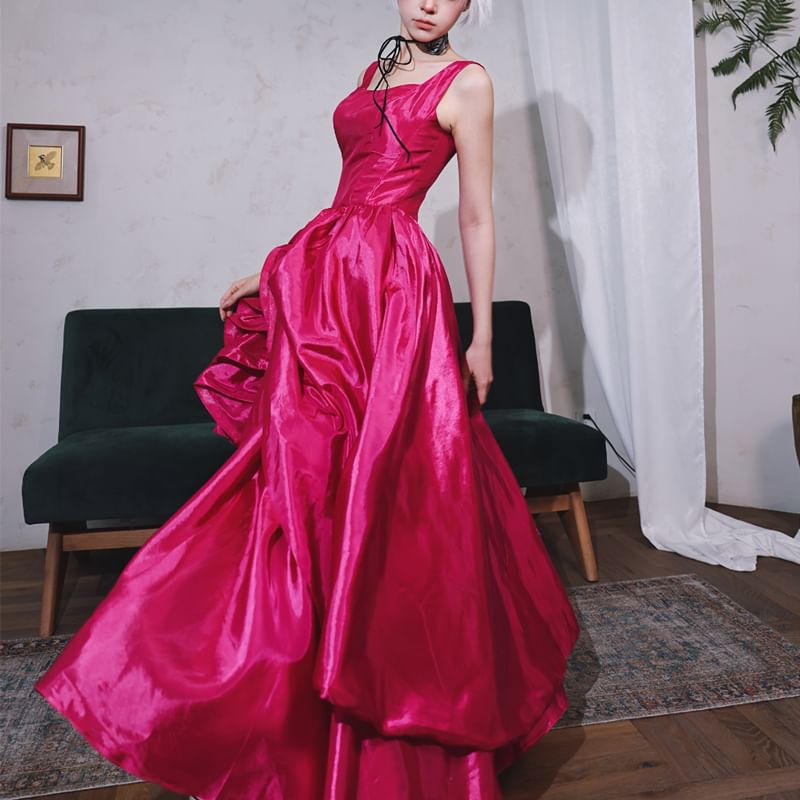Evening Satin Gown Ruched A-Line Sleeveless Neck Square Plain
