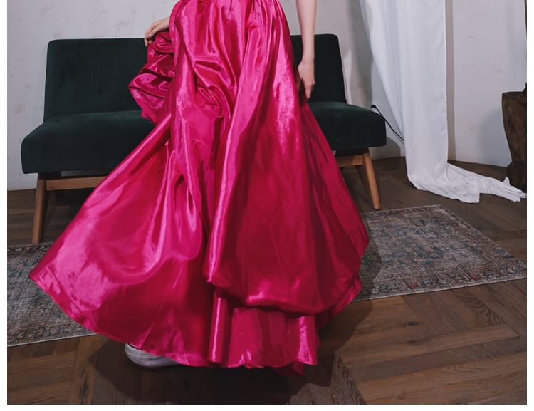 Sleeveless Square Neck Plain Ruched Satin A-Line Evening Gown