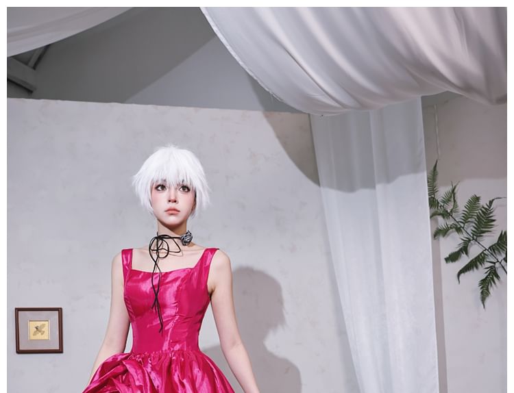 Sleeveless Square Neck Plain Ruched Satin A-Line Evening Gown