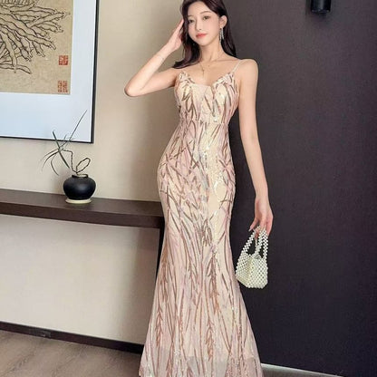 Spaghetti Strap Gown Sequin Patterned Sheath Evening