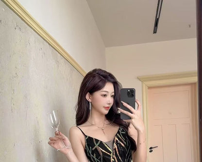 Spaghetti Strap Gown Sequin Patterned Sheath Evening