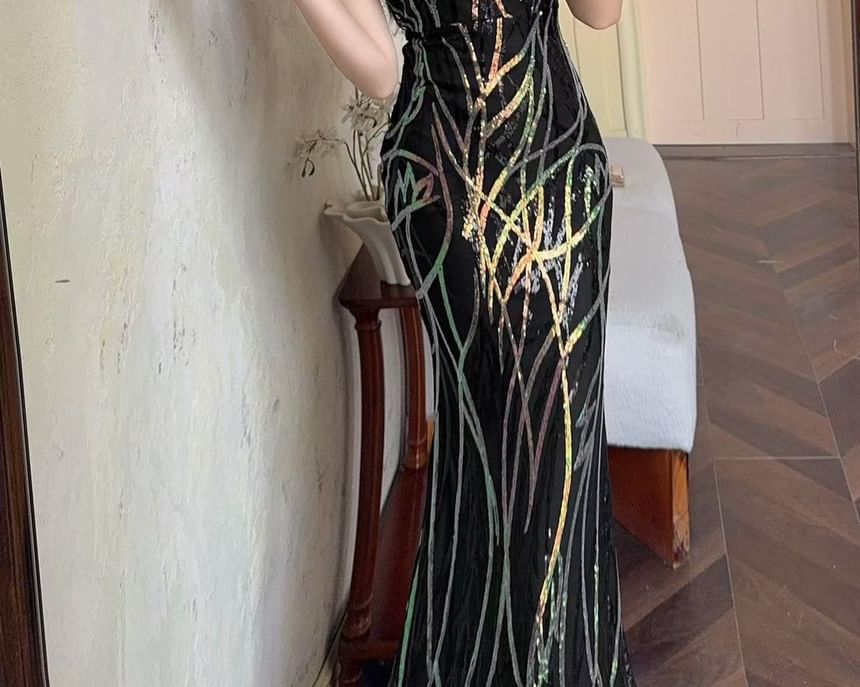 Spaghetti Strap Gown Sequin Patterned Sheath Evening
