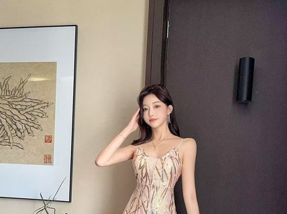 Spaghetti Strap Sequin Patterned Sheath Evening Gown