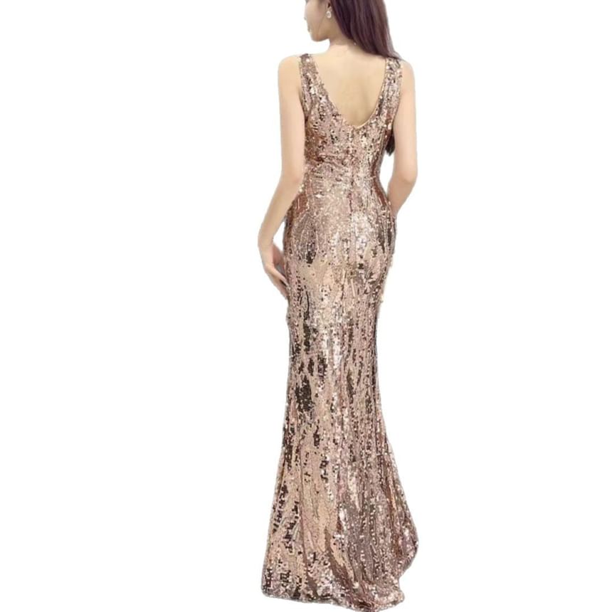 Plain Gown Trumpet Sleeveless Evening Sequin V-Neck