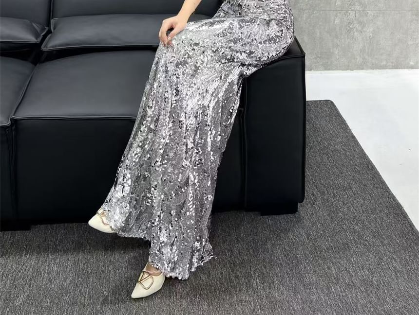 Plain Gown Trumpet Sleeveless Evening Sequin V-Neck