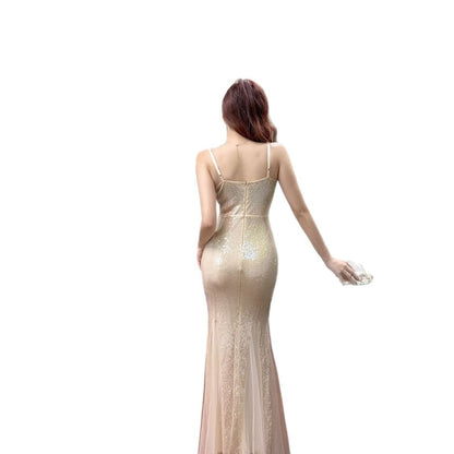 Spaghetti Strap Plain Sequin Trumpet Evening Dress