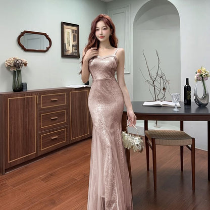 Spaghetti Strap Plain Sequin Trumpet Evening Dress