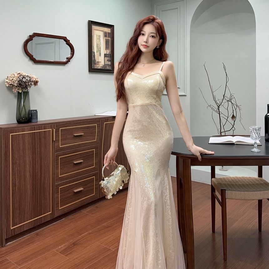 Spaghetti Strap Plain Sequin Trumpet Evening Dress