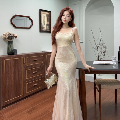 Spaghetti Strap Plain Sequin Trumpet Evening Dress