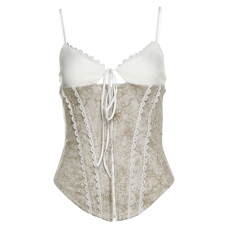 Corset Cami Top - Lace Trim Color Block Tie Front