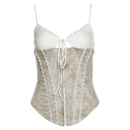 Corset Cami Top - Lace Trim Color Block Tie Front