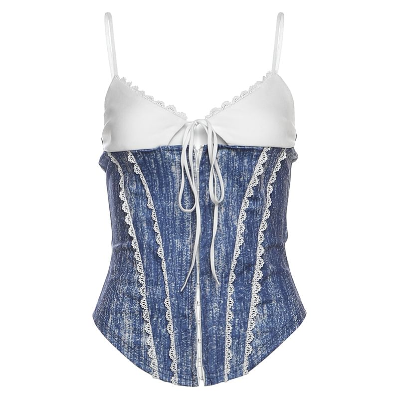Corset Cami Top - Lace Trim Color Block Tie Front