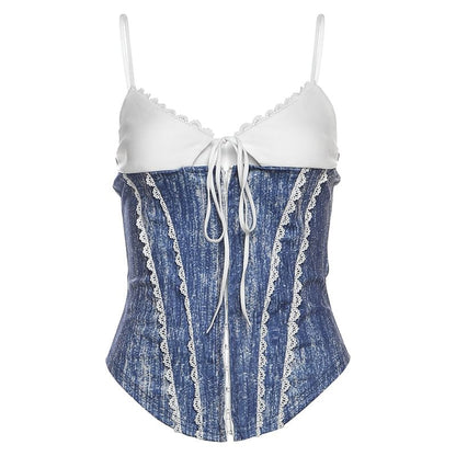 Corset Cami Top - Lace Trim Color Block Tie Front