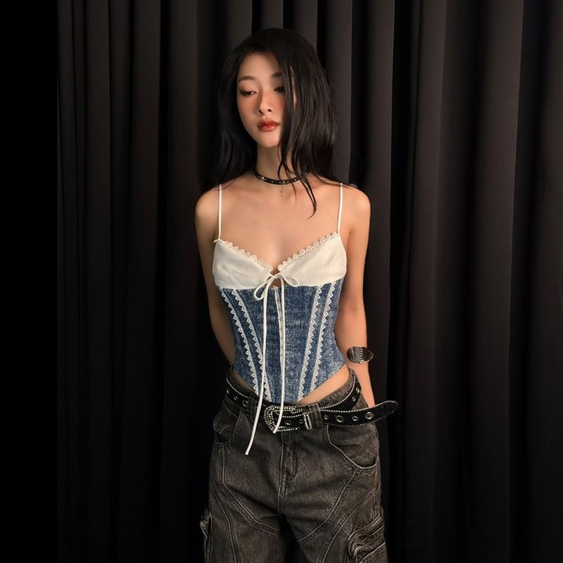 Corset Cami Top - Lace Trim Color Block Tie Front