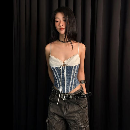 Corset Cami Top - Lace Trim Color Block Tie Front