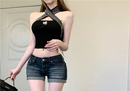 Low Rise Washed Roll Up Hem Denim Hot Pants