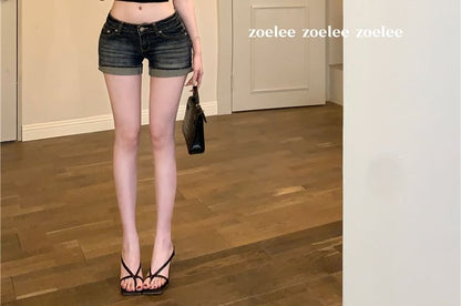 Low Rise Washed Roll Up Hem Denim Hot Pants