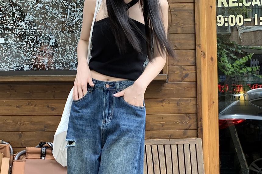 Mid Waist Washed Ripped Wide Leg Jeans