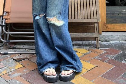 Mid Waist Washed Ripped Wide Leg Jeans