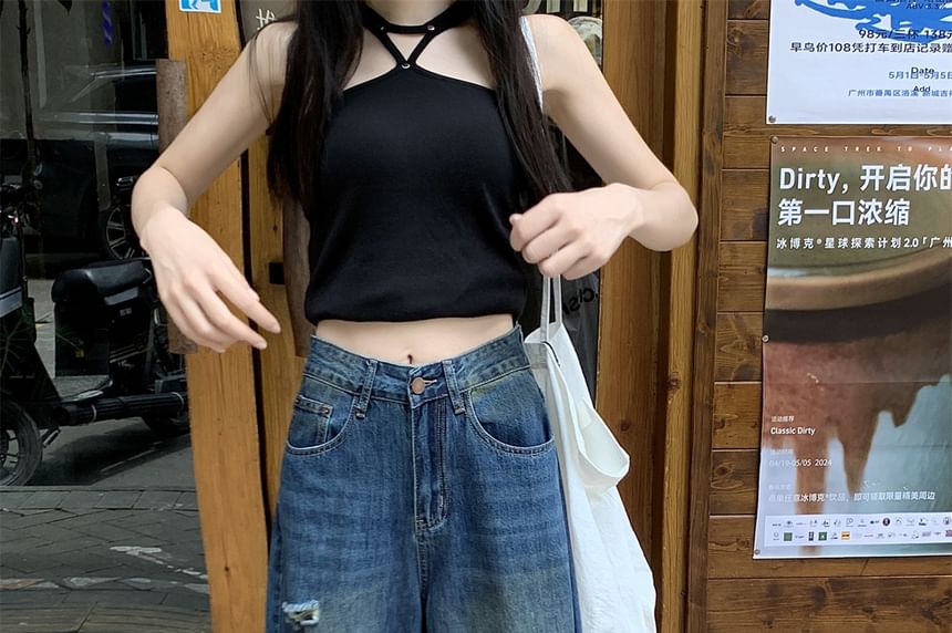 Mid Waist Washed Ripped Wide Leg Jeans