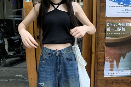 Mid Waist Washed Ripped Wide Leg Jeans