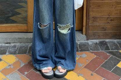 Mid Waist Washed Ripped Wide Leg Jeans