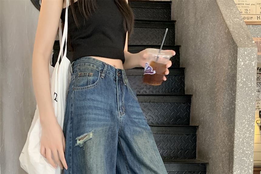 Mid Waist Washed Ripped Wide Leg Jeans