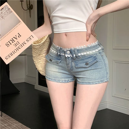 Low Rise Lace Trim Washed Denim Hot Pants