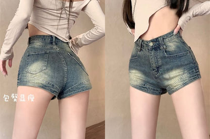 High Waist Washed Denim Hot Pants